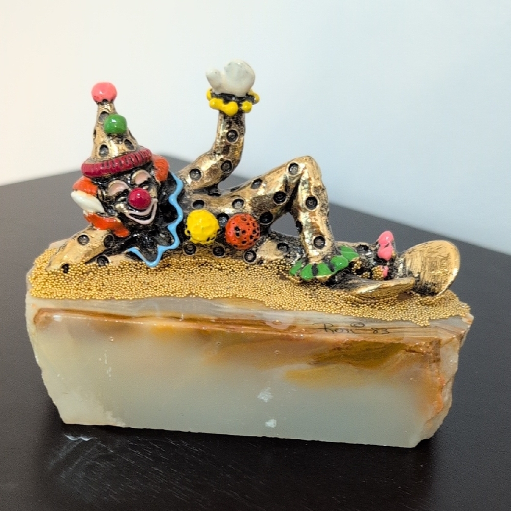 Ron Lee - artist - 1984 Colorful Clown Figurine on Marble Base 3.5" Tall